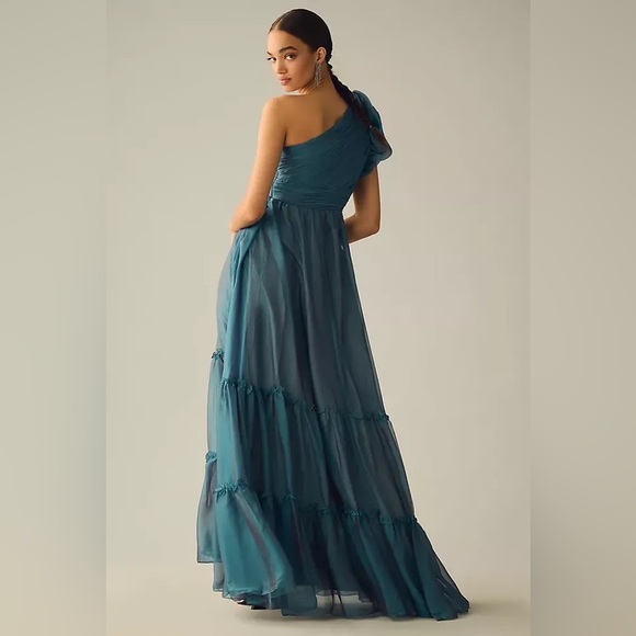 Mac Duggal Organza One-Shoulder Pleated Tiered Gown Sage - Picture 2 of 8